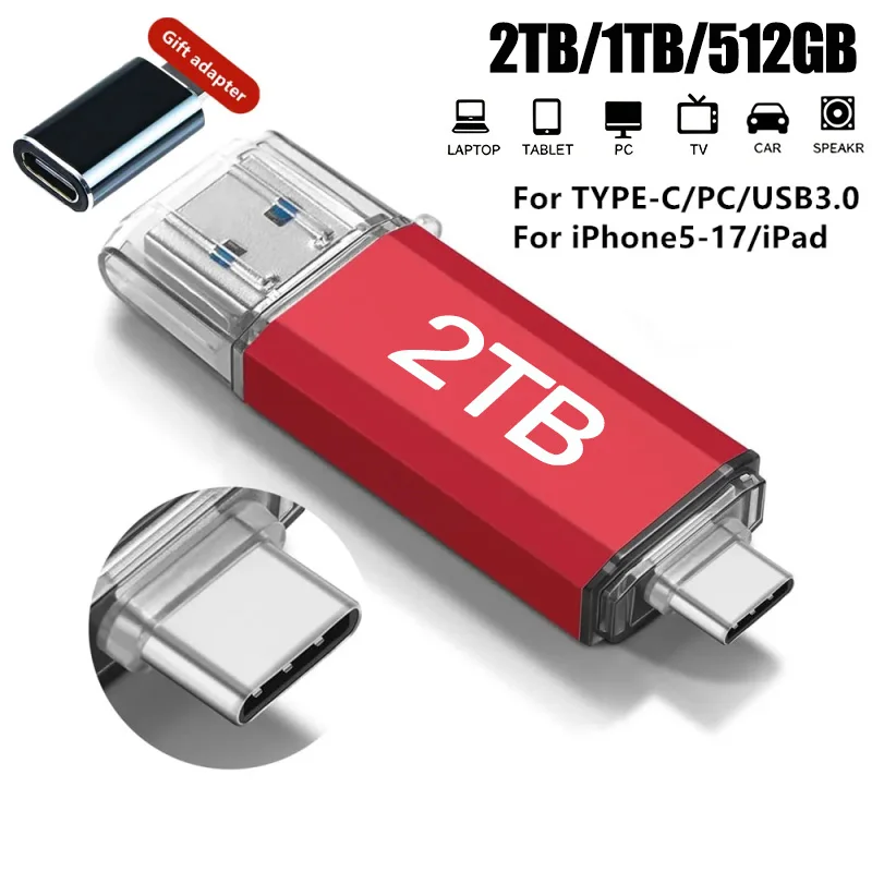 2TB OTG USB Flash Drive USB 3.0 Type C For IPhone Ipad 1TB 512GB Pendrive For Samsung Huawei Xiaomi Android Laptop Memory Stick