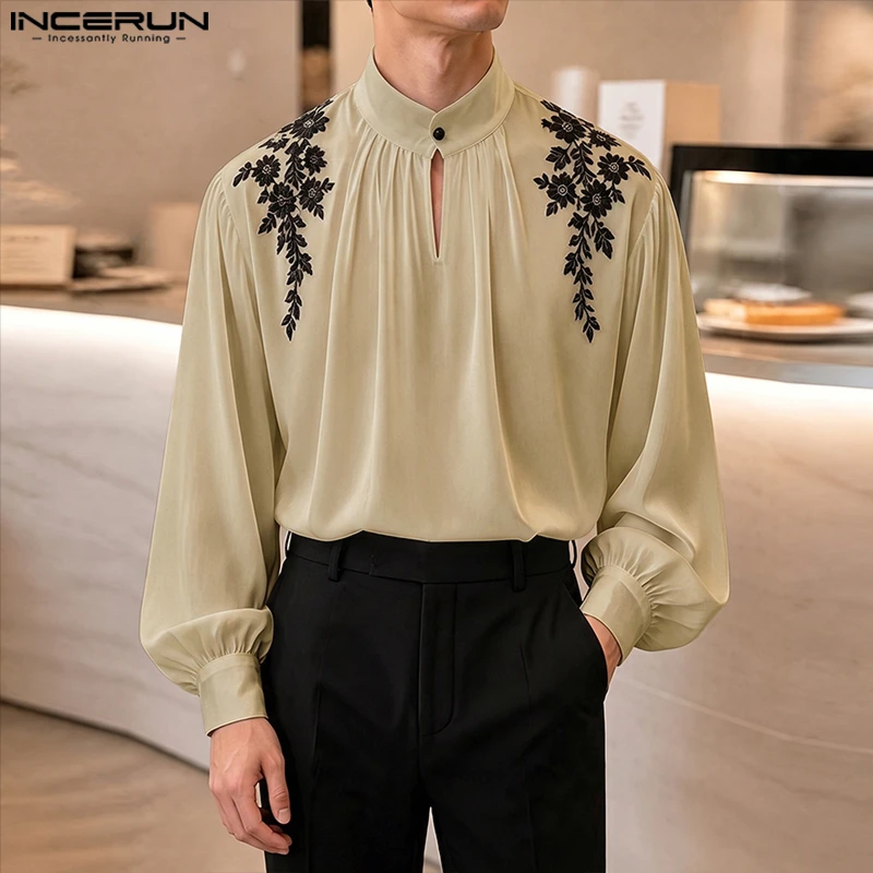 INCERUN Men's Shirt  Embroidery Stand Collar Long Sleeve Elegant Men Clothing Streetwear Fashion Casual Tops For Man Camisas