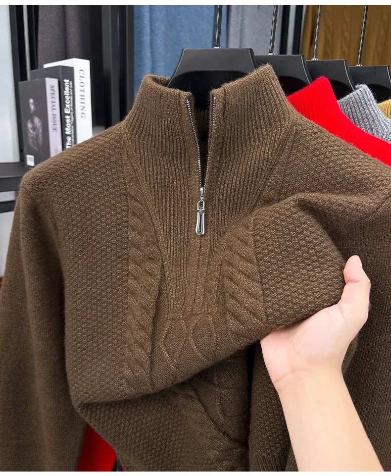 Men's Thick Warm Zipper Half High Collar Knitted Base Sweater Solid Color Sweater for Men's Dad