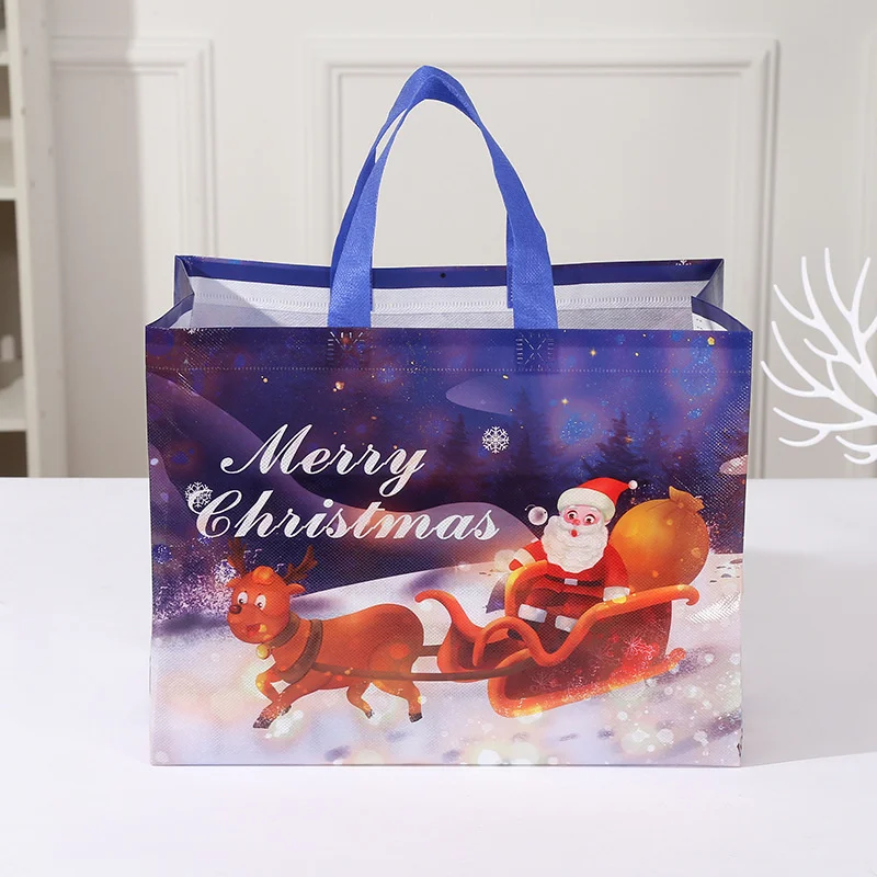 4 Uds. Bolsa de regalo de mano con estampado de muñeco de nieve de Papá Noel de Navidad de dibujos animados, exquisita serie navideña, bolsas de mano no tejidas