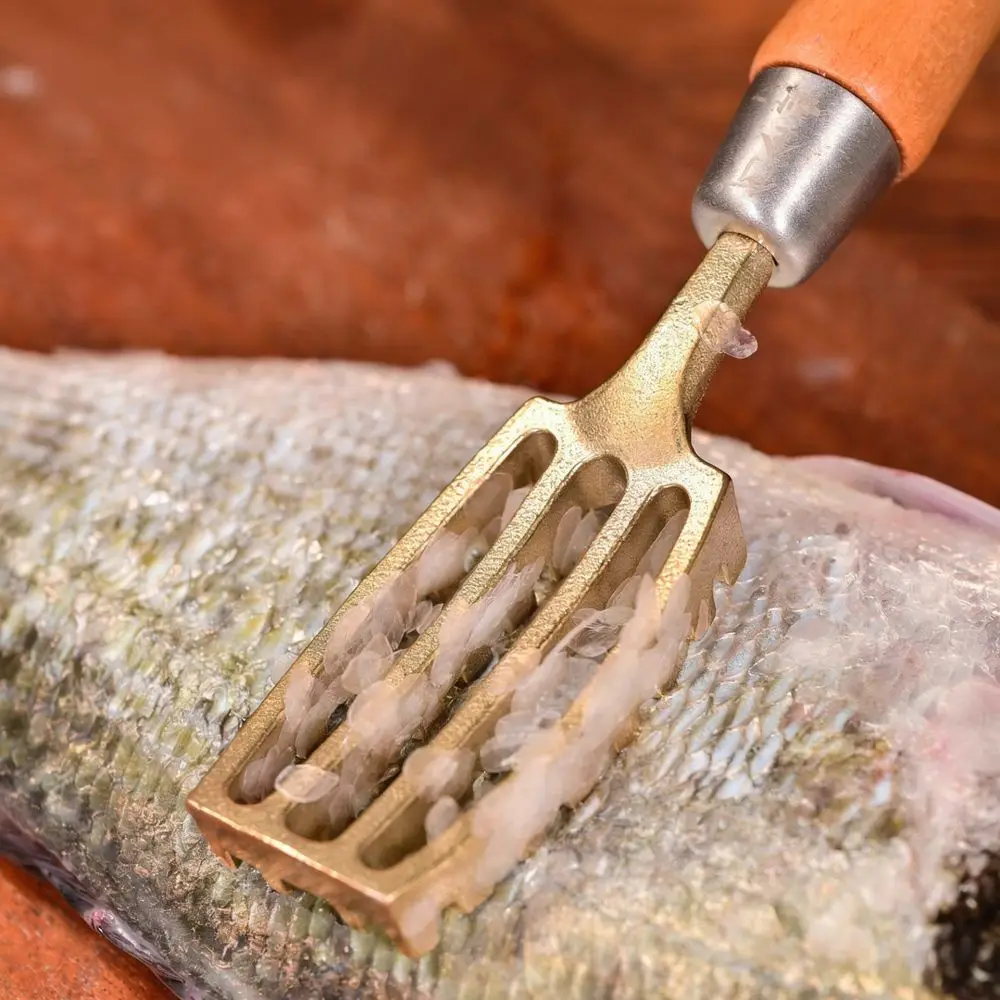 Handheld Brass Fish Scaler Wood Grip Kitchen Seafood Tool Effective Scale Removal Gadget Quality Cooking Accessory