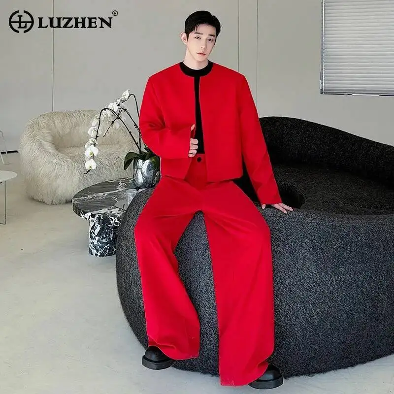 

LUZHEN 2026 Весенний однотонный элегантный комплект из двух предметов: модные мужские повседневные брюки свободного кроя с широкими штанинами и стильный короткий пиджак JY6789