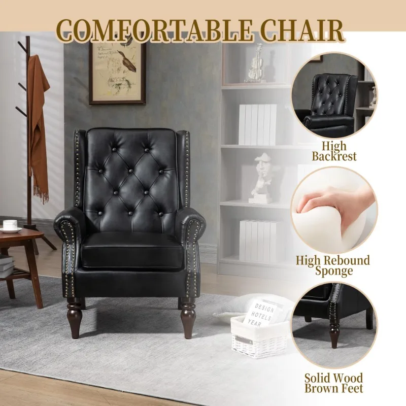 Modern style tufted leather armchair, durable lounge chair for living room and bedroom (black)