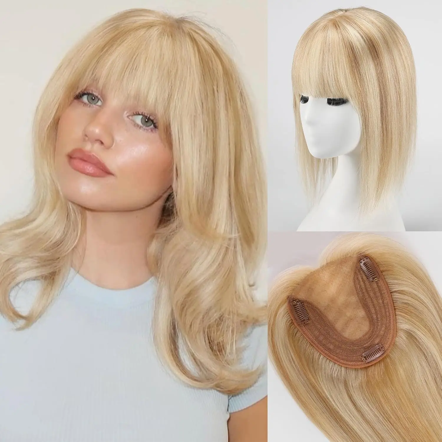 

Human Hair Toppers for Women 14 inch Light Blonde&Bleach Blonde Human Hair Topper 5 * 5.5 inch Base Topper With Bangs