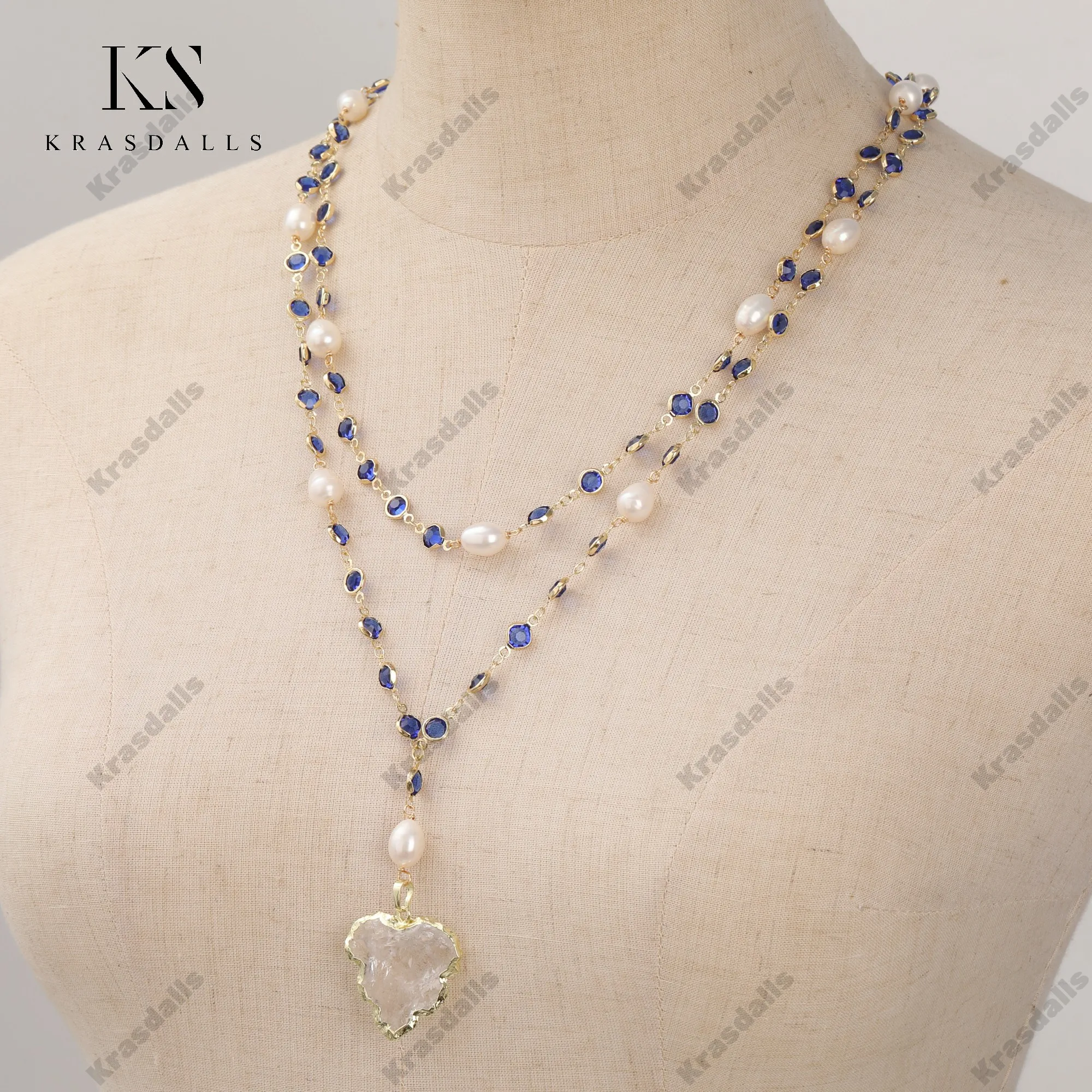 

Natural Clear Quartz Pendant Necklace 26 Inches Bezel Set with Pearl Hand-Wrapped Women's Jewelry