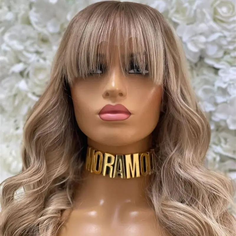 Glueless Ombre Ash Blonde Brown With Bnags HD Transparent Lace Front Human Hair Wigs 100% Virgin Human Hair Cosplay/Daily/Party