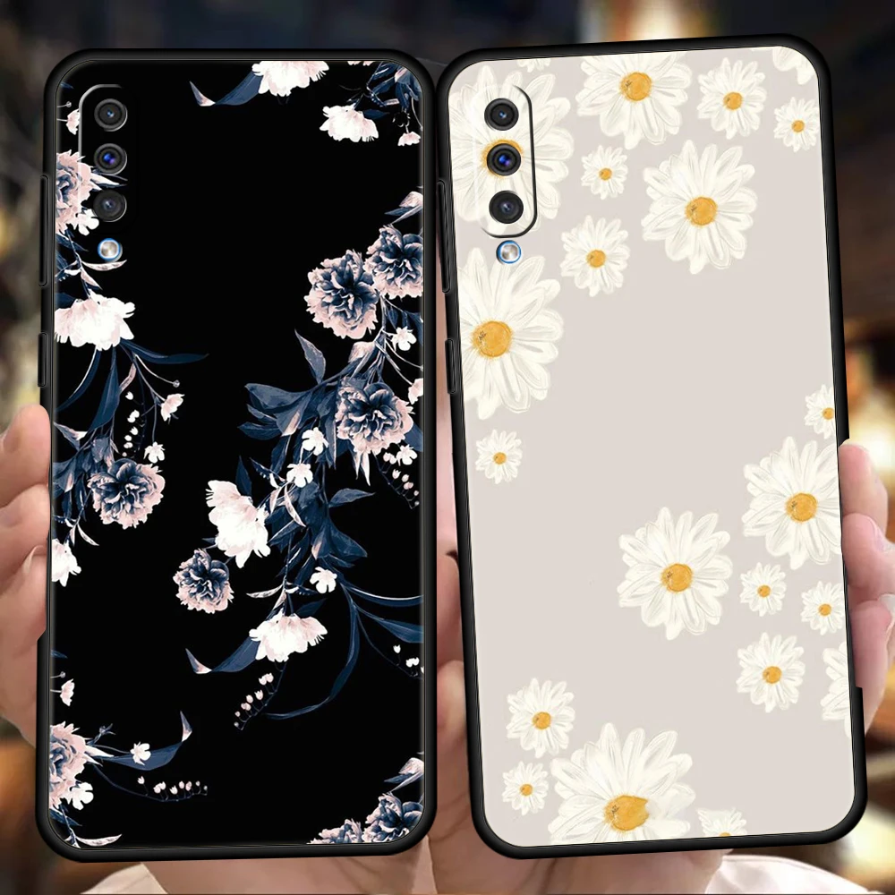 Funda de teléfono con flores para Samsung Galaxy A12 A22 A50 A70 A20 A10 A40 A42 A52 A20S A02 A03 A04 5G, funda de silicona negra