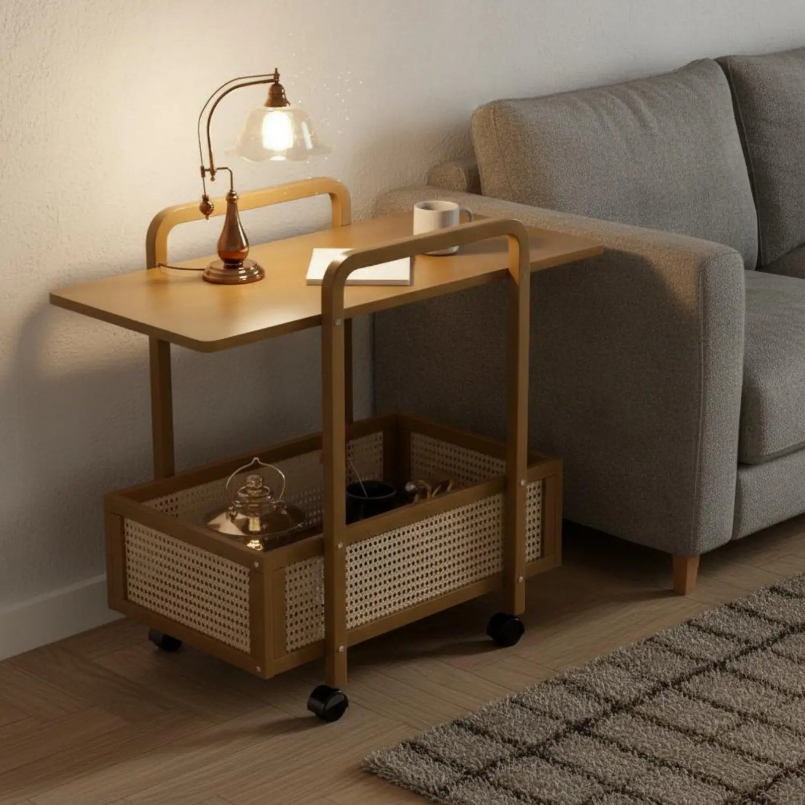 Rattan Style Mobile Side Cabinet on Wheels for Small Apartment Living Room Sofa Storage Trolley