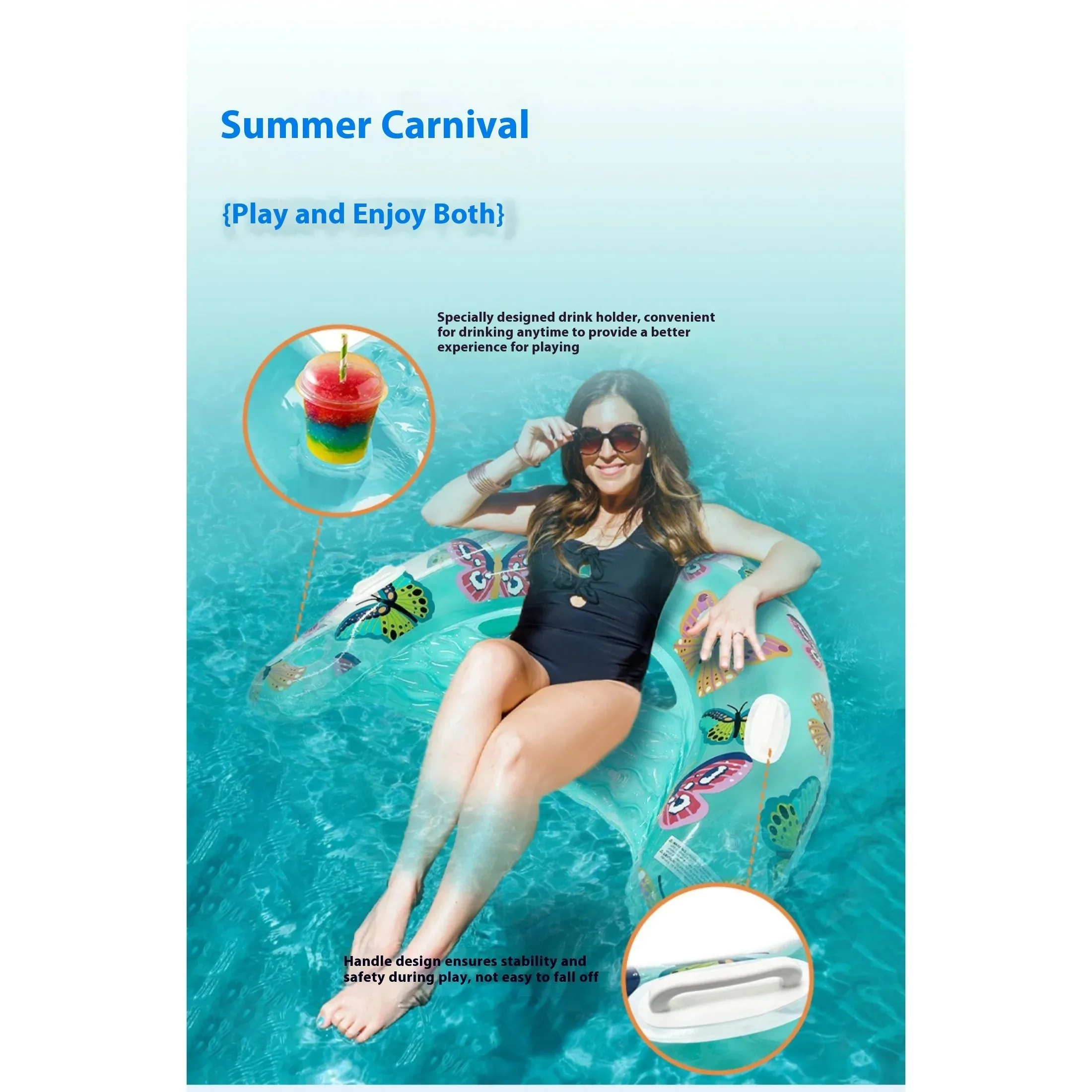 1 Stück U-förmiger aufblasbarer Schwimmkörper mit Schmetterlingsdruck, dicke PVC-Poolliege mit Getränkehalter, mintgrünes Schwimmbett