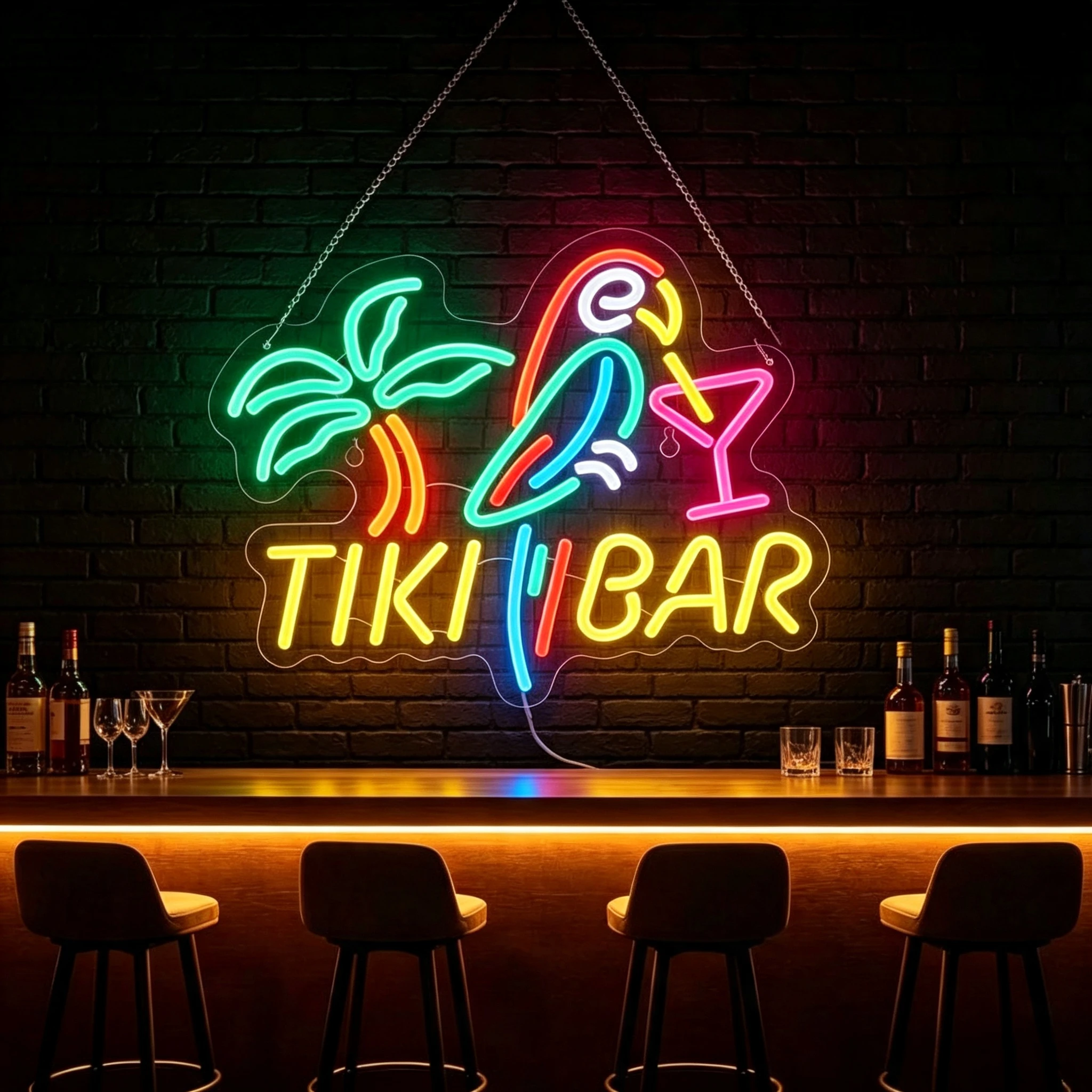 Tiki Bar Parrot Neon Light Sign for Wall Décor Pool Tiki Bar Party Dimmable LED Lights with USB Powered for Man Cave Decor Gift.