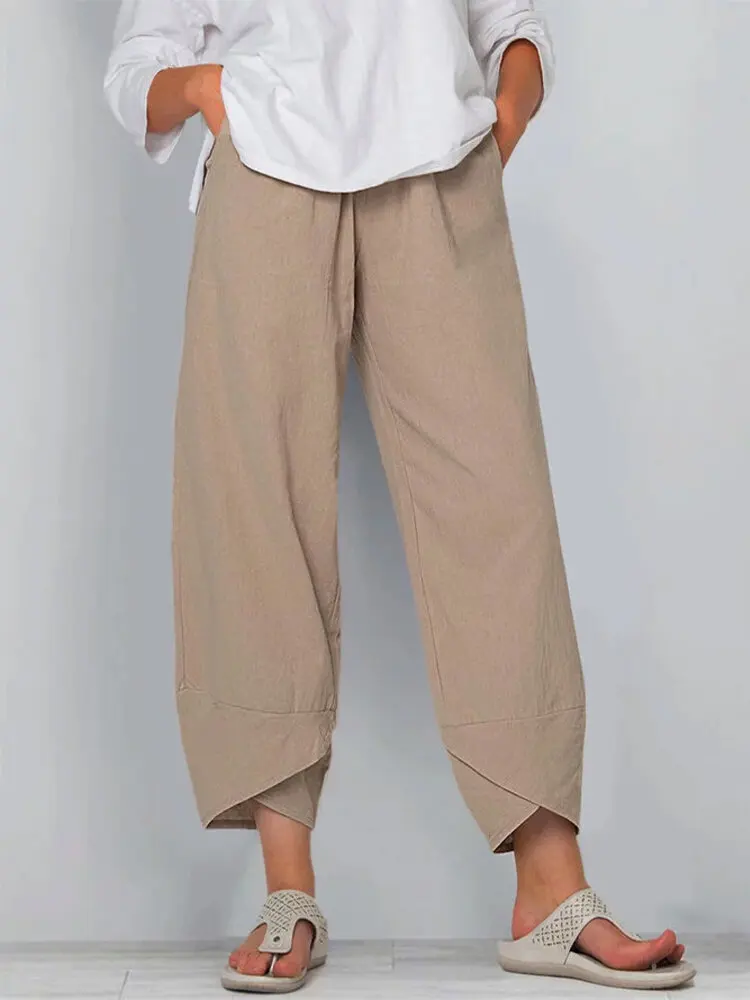 

Women's Loose Trousers 2025 Spring Summer Fashion Elastic Waist Lantern Basic Versatile Solid Color 9-point Pants