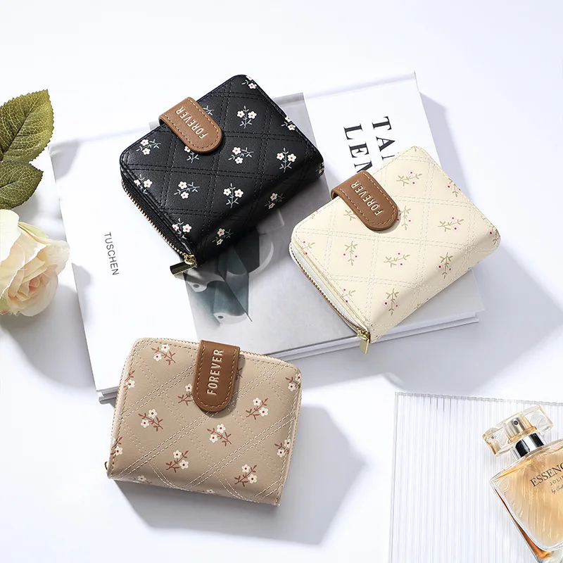 Fashion Women's Wallet Small Fresh Flowers Pattern Short Card Bag Multi-card Slot Card Holder Student Zipper Coin Purse 2024 New