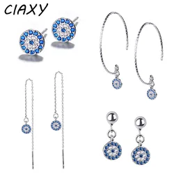 CIAXY Silver Color Turkish Retro Evil Eye Earrings Studs for Women Wild Circle Blue Eyes Inlaid Zircon Earring Jewelry