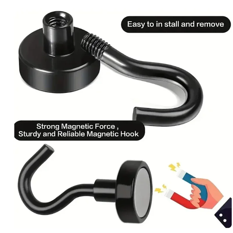6PcsNeodymium Iron Boron Magnet Black Magnetic Small Hook 16mm Metal Strong Magnet Rotatable No-Drill Open Design Strong Hook image 5