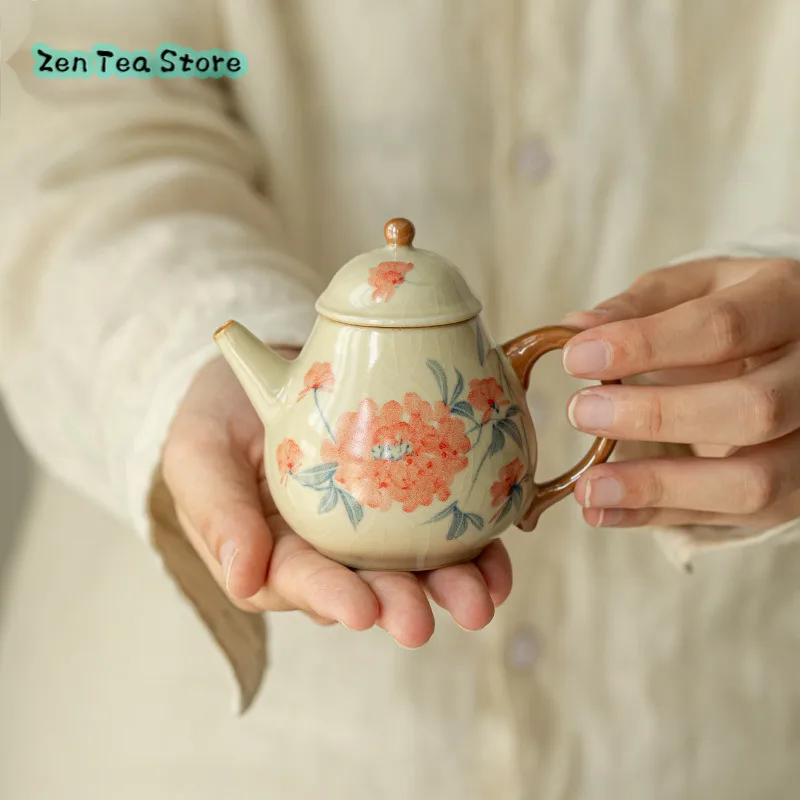 Hand-painted Ru Kiln Teapot Underglaze Color Hibiscus Flower Pieces Can Be Raised Tea Infuser Household Ceramic Pot