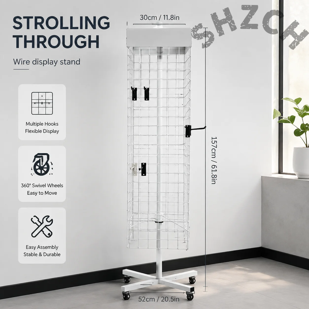 4-Sided Rotating Jewelry Display Rack with Mesh Frame, Casters, and Secure Barbed Wire Design