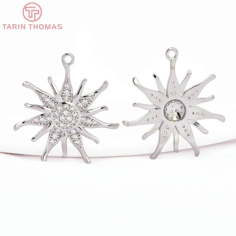 (8240) 2PCS 21x22.5MM 24K Gold Color Brass with Zircon Sun Flowers Pendants High Quality DIY Jewelry Making Findings Accessories