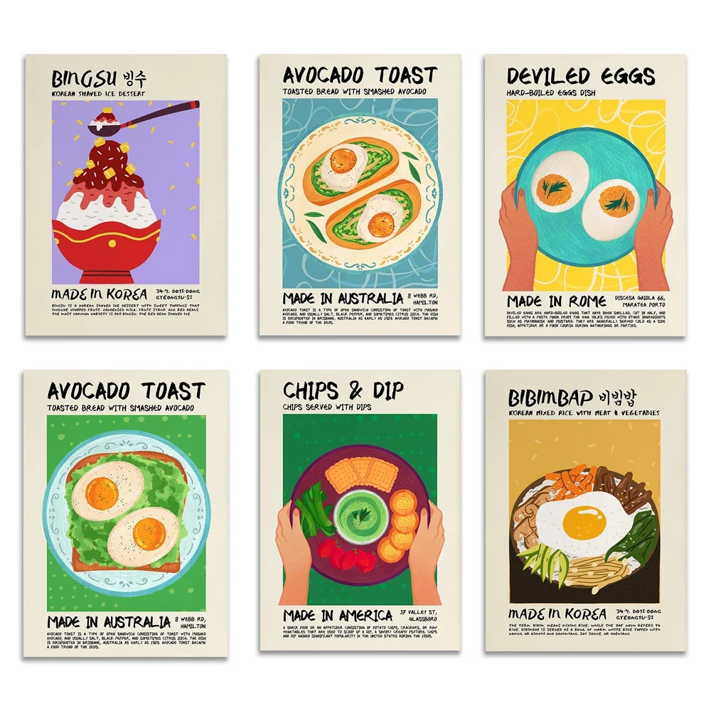 Póster de comida japonesa, coreana, panqueque soufflé, bibimbap, aperitivo, kimchi, patatas fritas y inmersión, ensalada, tostadas de aguacate, estampado de postre