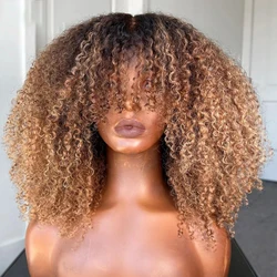 Highlights Blonde Kinky Curly Full Machine Made Wig With Bangs Brazilian Remy Human Hair Wig Ombre Brown Colored For Black Women