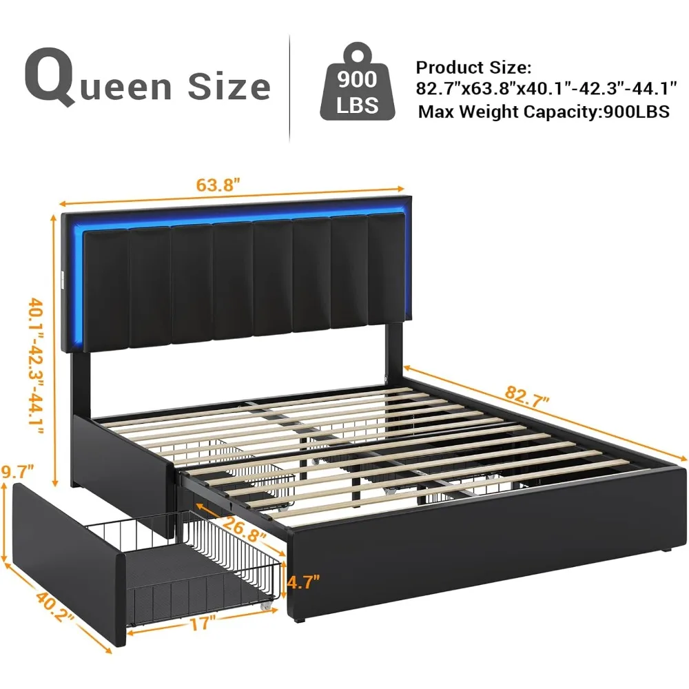 Queen Size Bed Frame with 4 Storage Drawers, LED Light Queen Size Platform Beds with Charging Station, Artificial Leather Bed