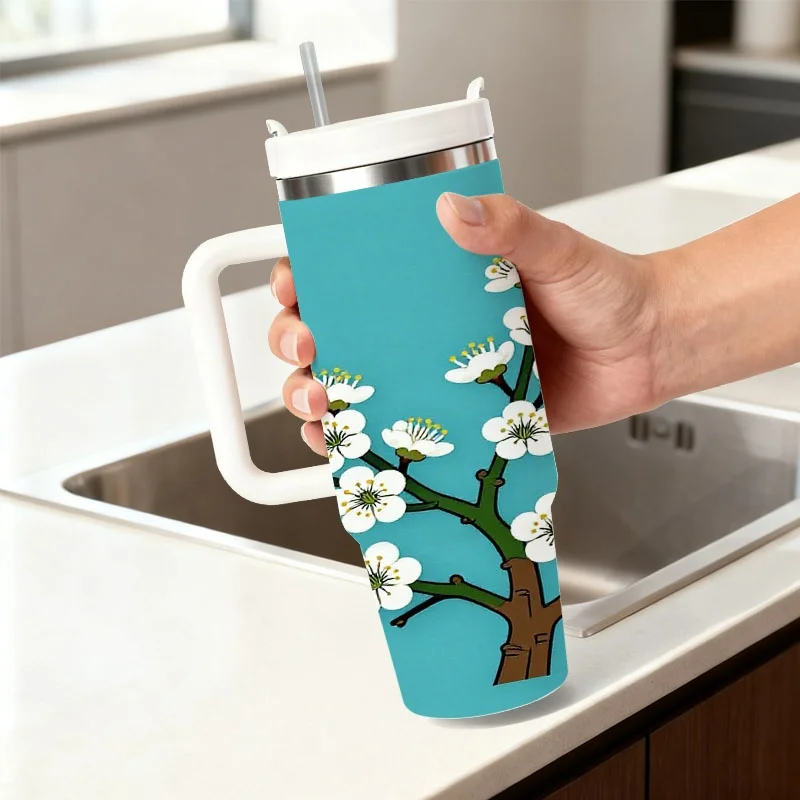 Stylized Plum Blossom Branch Print 40Oz Stainless Steel Insulated Tumbler, Flat Digital Printed Design with White Blooms And Yellow Stamens, Reusable Drink Container for Daily Outdoor Commute And Office Hydration