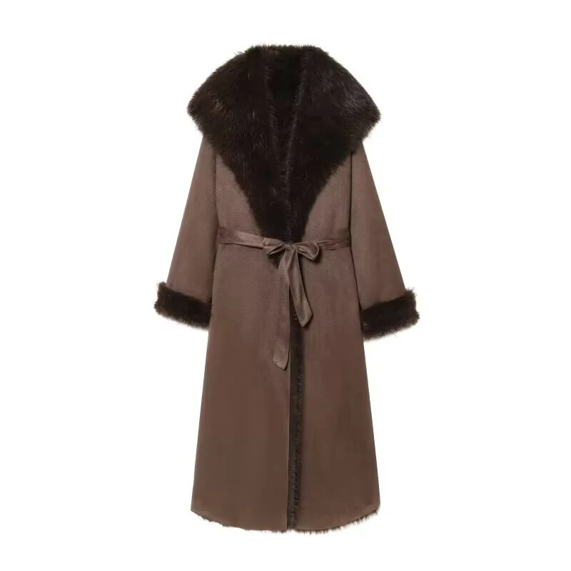 

European and American style 2025 winter new product women's clothing artificial fur effect belt long coat jacket