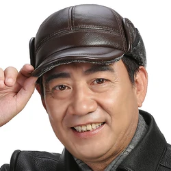 Genuine Leather Hat Men's Winter Warm Baseball Caps Snapback Dad Cap Plus Velvet Thicken Cowhide Earmuffs Hats For Men