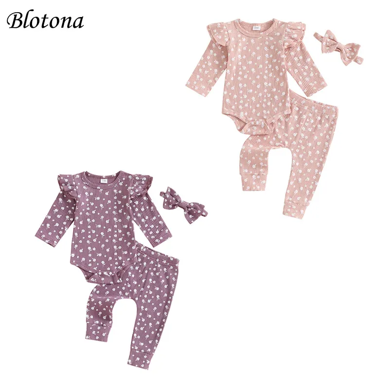 Blotona Baby Girls 3Pcs Outfit Floral Print Ribbed Long Sleeve Romper and Elastic Waist Pants Headband Cute Sping Fall Set 0-18M