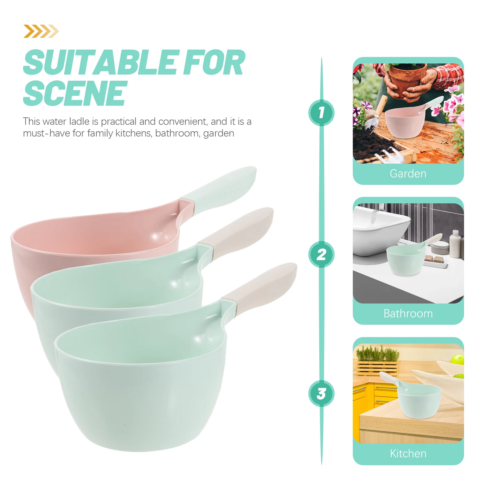 

3pcs Thick Plastic Water Scoop Smooth Retro Style Kitchen Bath Garden Ladle Reusable Pour Flowers Plants Spoons Shower