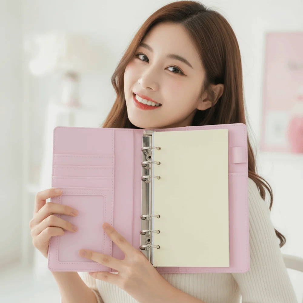Six Ring A6 Binder Journal High Aesthetics Portable Compact Polka Dot Handbook Glossy Leather Refillable Pages