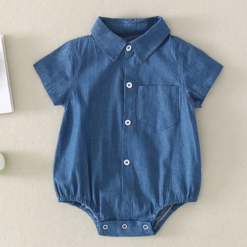 2024 New Summer Newborn Baby Girls Boys Bodysuits Short Sleeved Solid Denim Brother And Sister Clothing Infant Baby Jumpsuit