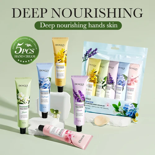 BIOAQUA 보습 핸드 크림 세트, 사쿠라 라벤더 향 핸드크림, 영양 손 스킨케어 크림 세트, 75g, 5 개/세트 