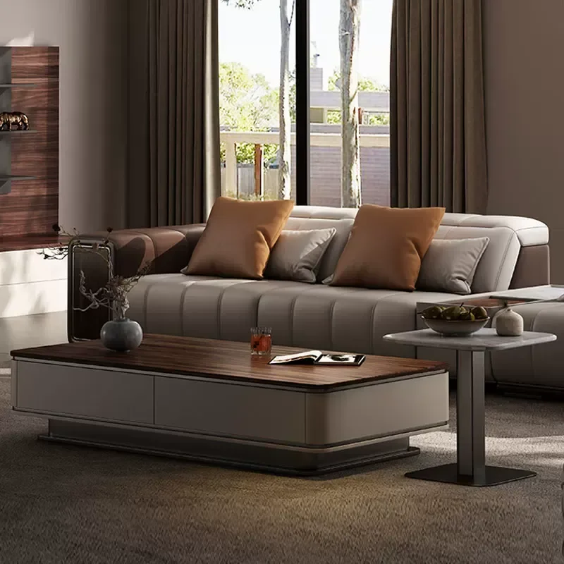 Italian Light Luxury Walnut Coffee Table Rectangular Natural Marble Top High End Living Room Furniture Modern Minimalist