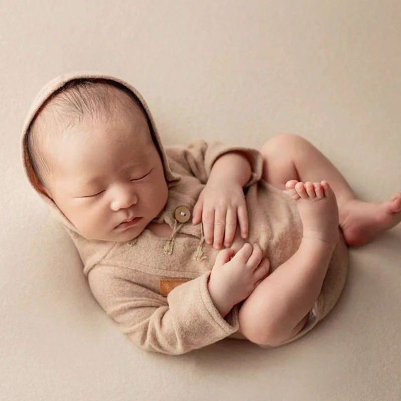 Ylsteed Solid Color Newborn Pocket Long Sleeve Romper for Photo Shooting Baby Boy Hoodie Jumpsuit Infant Photography Outfits