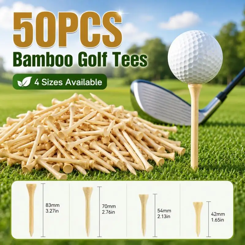 50 tees de golf en bambou, tees de golf en bois naturel avec 4 tailles pour l'entraînement et l'utilisation sur le parcours