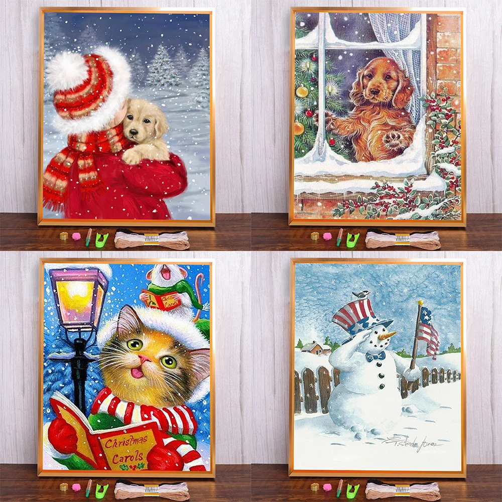 Christmas Snowman Dog Printed Fabric Cross Stitch DIY Embroidery Kit DMC Threads Painting Hobby Craft Sewing Sales Design Gift