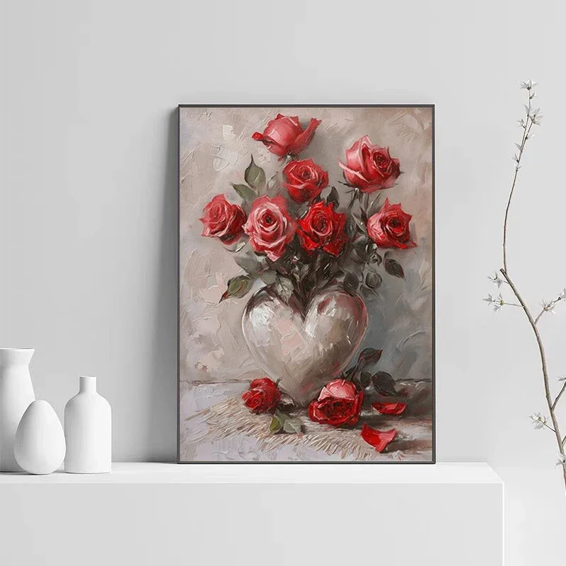 Red Roses in Heart-shaped Vase Poster Prints Modern Abstract Flowers Canvas Painting Wall Art Picture for Living Room Home Decor