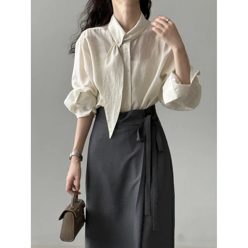 

Французская блузка с длинным рукавом и воротником-шарфом, женская осенняя офисная одежда, свободная облегающая рубашка, топ