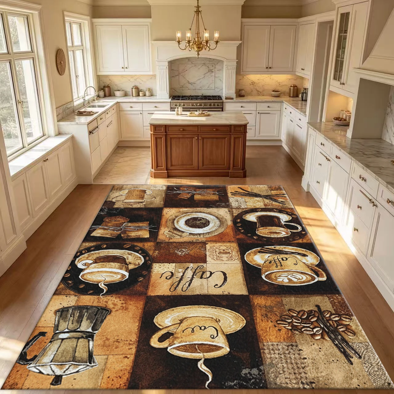 Vintage Coffee Cup Print Area Rug, Retro Coffee Theme Art Carpet for Kitchen Living Room