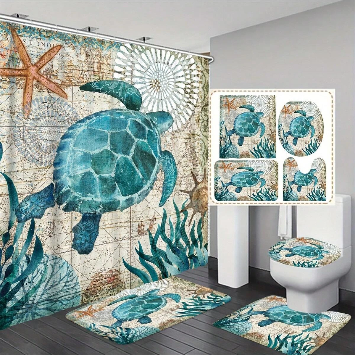 4pcs Waterproof Turtle Shower Curtain With 12 Hooks, Non-slip Bathroom Rug, Toilet U-shape Mat, And Toilet Lid Cover Pad