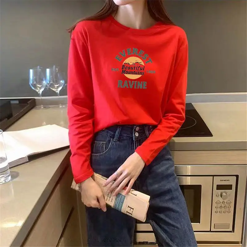 

Spring and Autumn Women's 2024 New Splicing O-Neck Printed Letter Fashion Solid Color Slim Minimalist Casual Long Sleeved Shirt