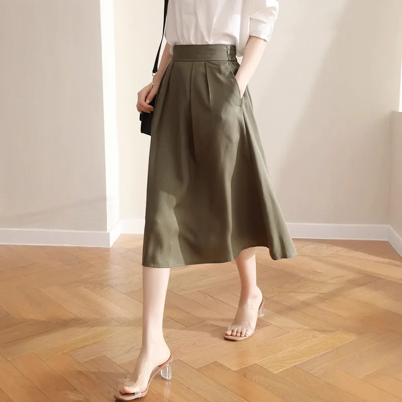 

Summer Tencel Skirt Women Elegant High Quality Stretchy Waist Slimming Solid Color A Line Skirt Fashion Casual Lady Chic