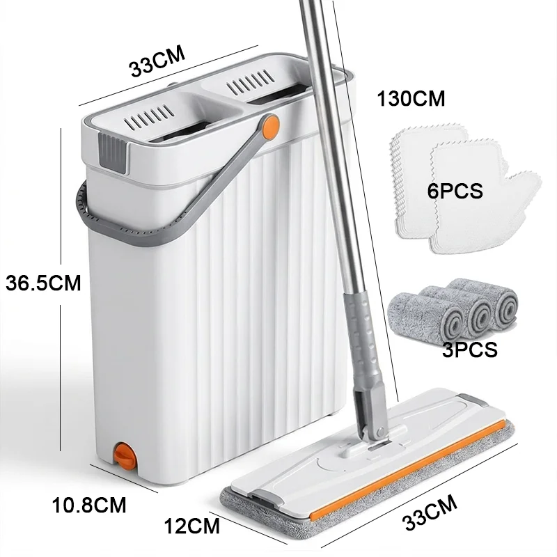 Ultra-Slim Flat Mop and Bucket System, Hands-Free Wash & Dry Floor Mop Set with 3 Microfiber Pads, Complimentary 6 Pairs of Cleaning Gloves, 360° Swivel Mop with Squeegee Edge for Hardwood Tile Laminate