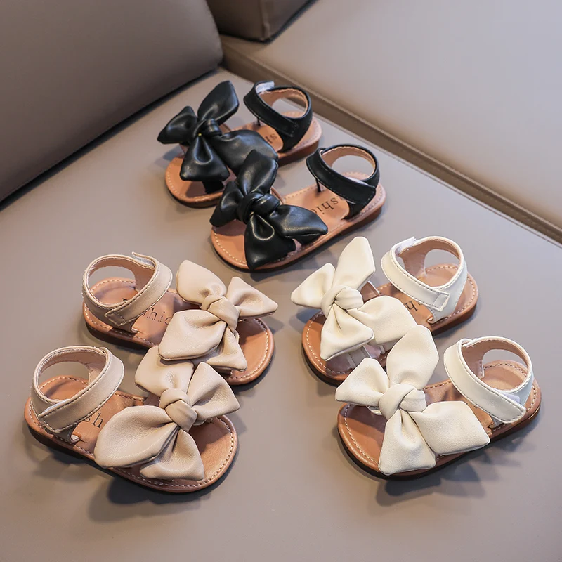 Girl's Summer Sandals Big Bowtie Pu Leather 21-30 Sweet Children Sliders Lovely Stylish Three Colors Flexiable Cute Kids Flats