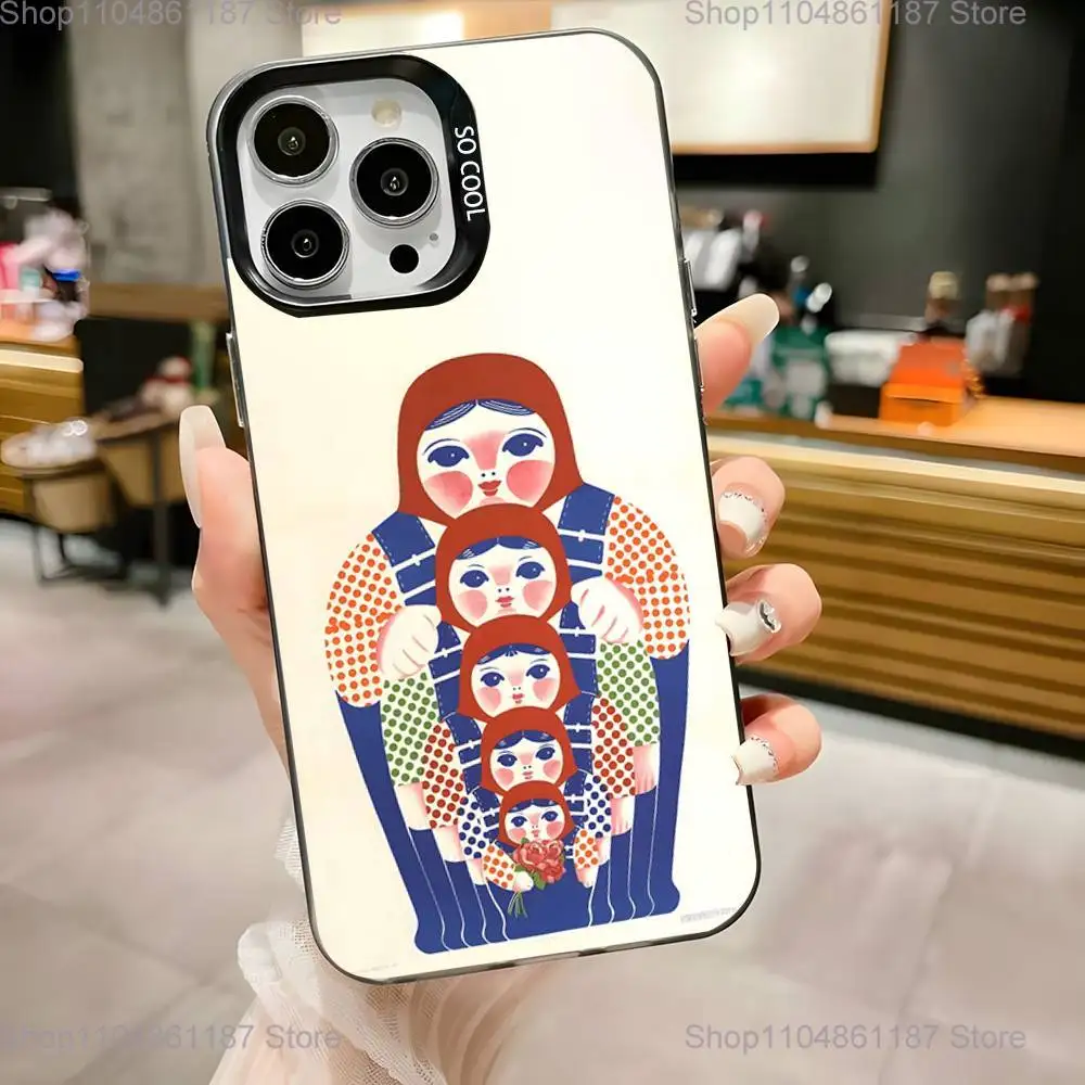حافظة هاتف ماتريوشكا للدمى الروسية لهواتف iPhone 17,16,15,14,13,12,11,Pro,Max,Plus, Mini,XS,SE مضادة للسقوط باللون الأسود غير اللامع