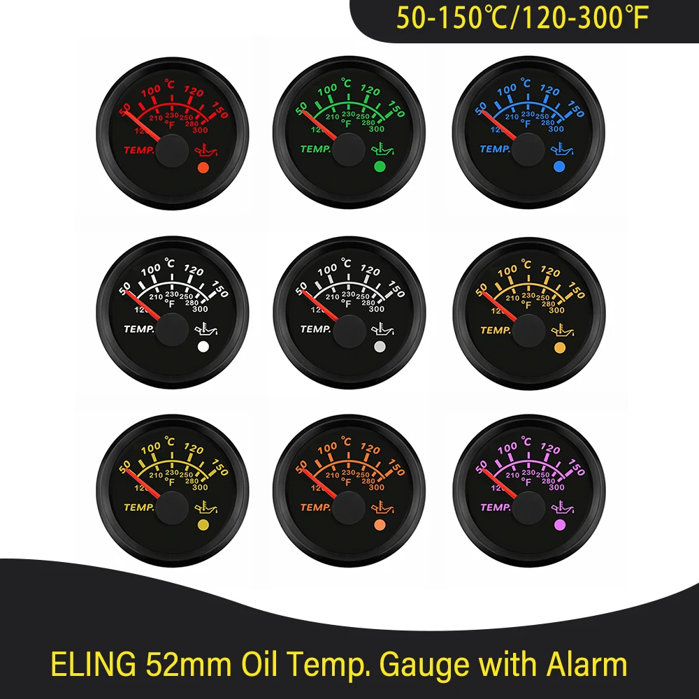 

Universal 52mm Oil Temp Gauge Meter 50-150℃ Signal with 8 Colors Backlight and Light Alarm for Auto Boat Yacht Motorcycle