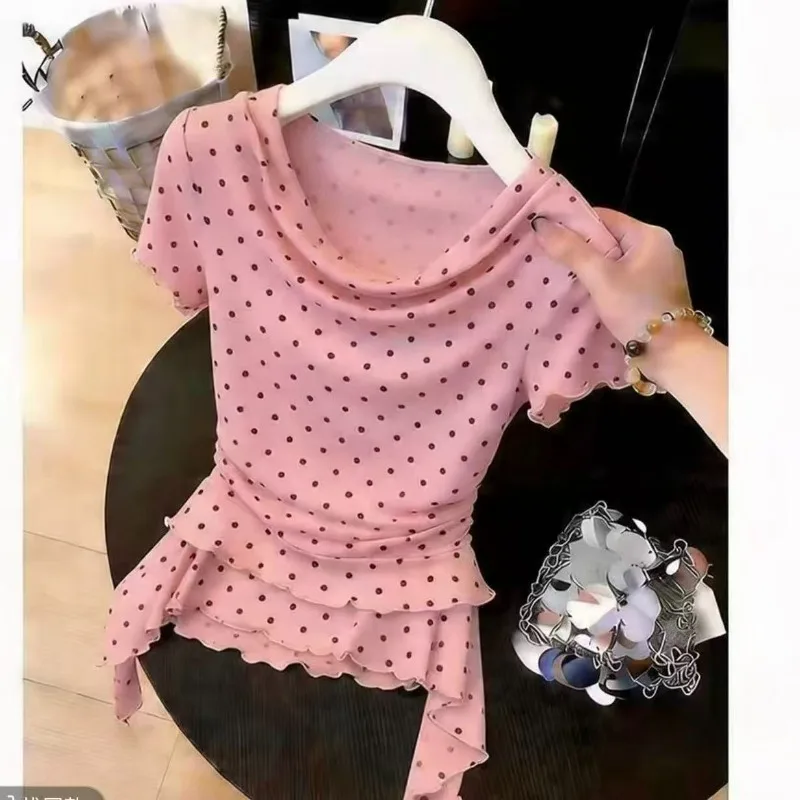 

Korean Style Stylish Polka Dot Swing Neck Irregular Ruffled Patchwork Short-sleeved T-shirt for Women 2026 Summer New Top Style