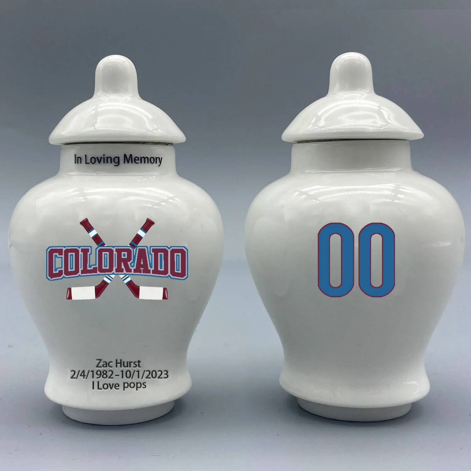 

Mini Urn for Colorado Avalanche-themed Hockey Urn.Please send me the customization information - name/date and number on the urn