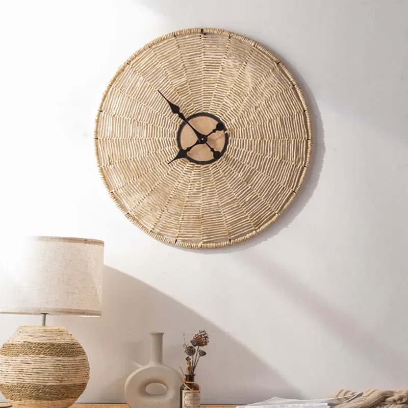 Handwoven Rattan Wall Clock Simple Living Room Clocks Silent Quartz Large Round Wall Watch Rustic Style Decor Ornament Clock