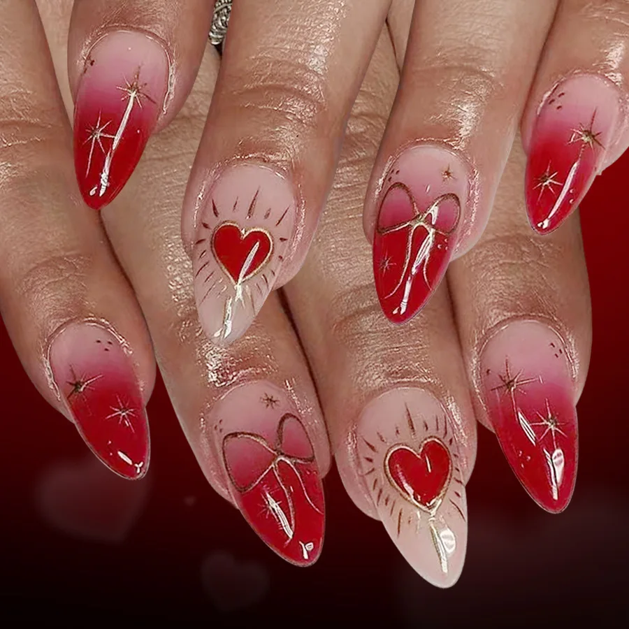 

24 Pcs 2025 Medium Press on Nails Valentine's Day Red Gradient Love Bow Fake Nails with Tools Aesthetic Nail Tips Finger Nails